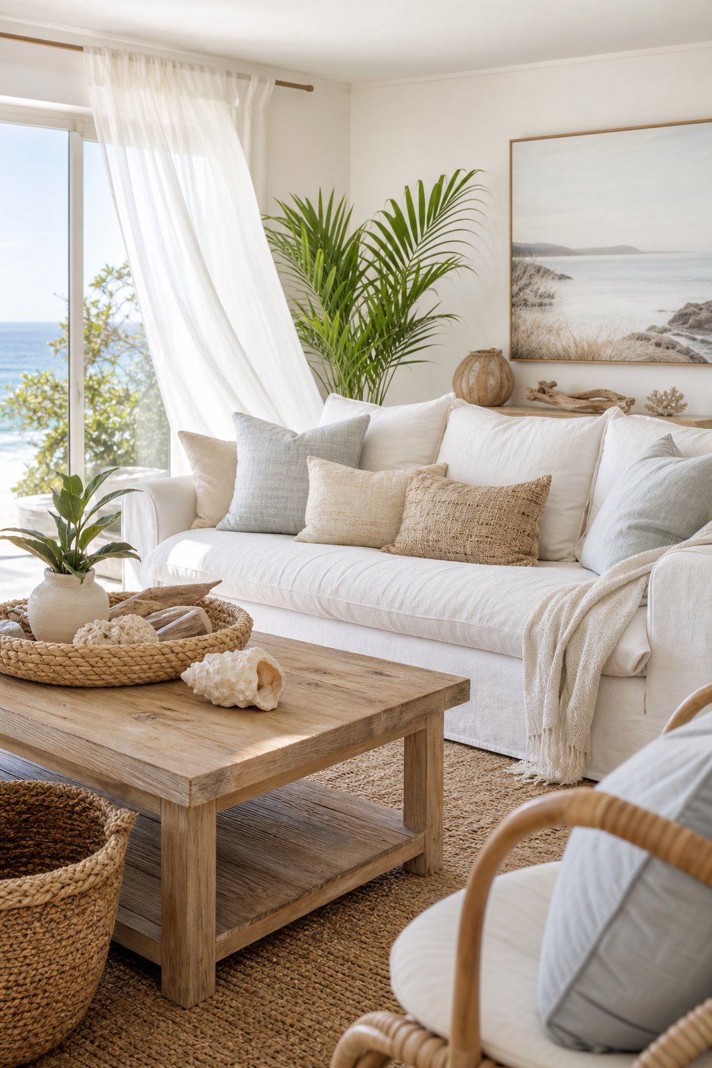 White Coastal Living Room Decor Idea 1 Soft Linen Sofa