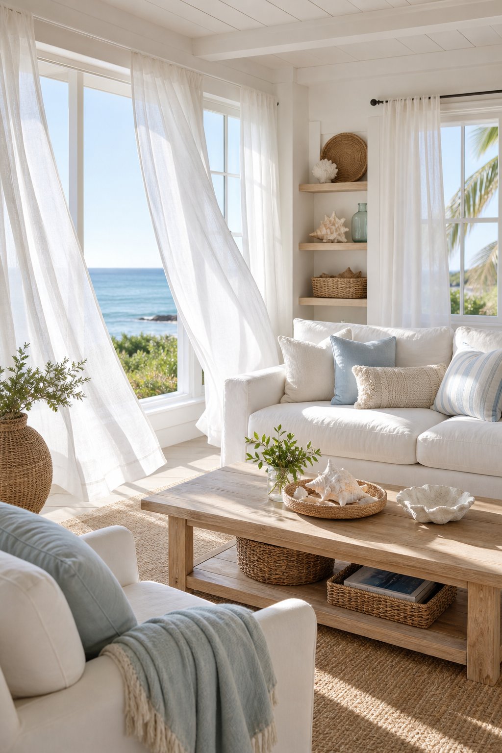 White Coastal Living Room Decor Idea 2 Sheer Curtains