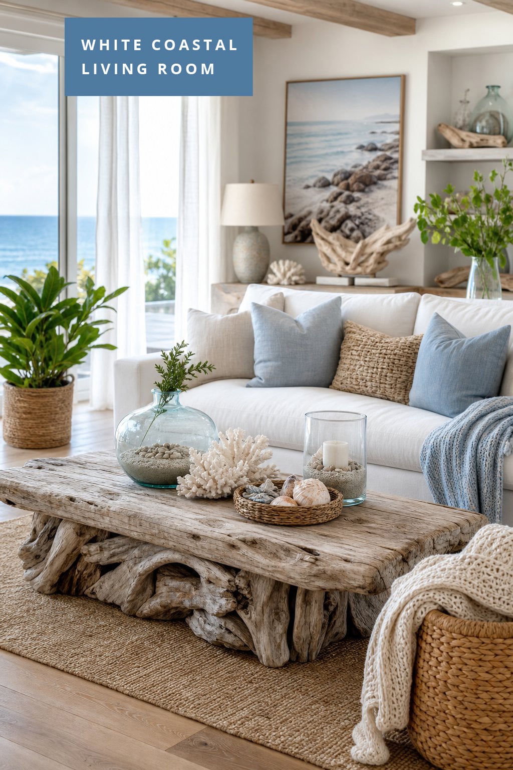 White Coastal Living Room Decor Idea 3 Weathered Driftwood Accents