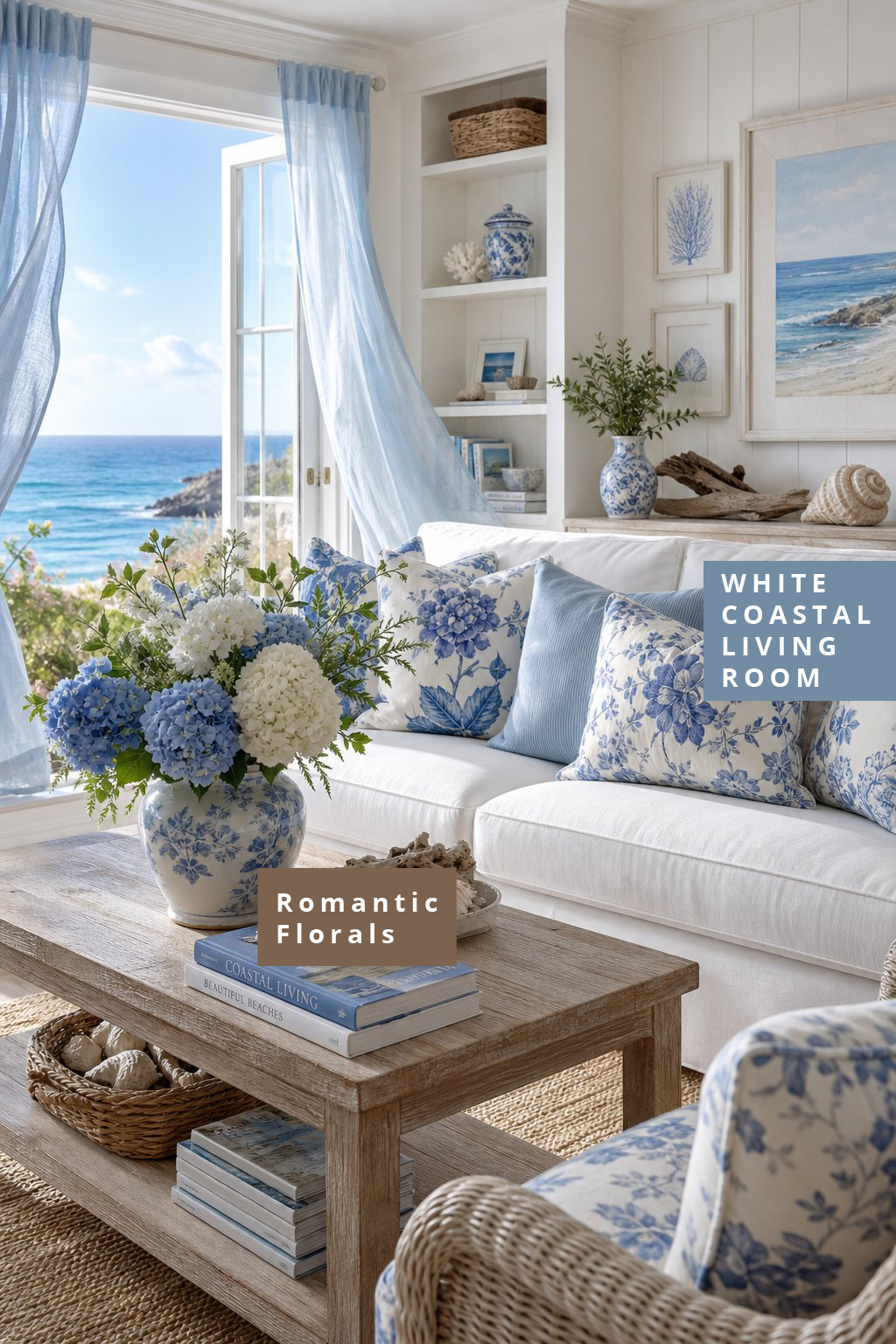 White Coastal Living Room Decor Idea 4 Romantic White and Blue Florals