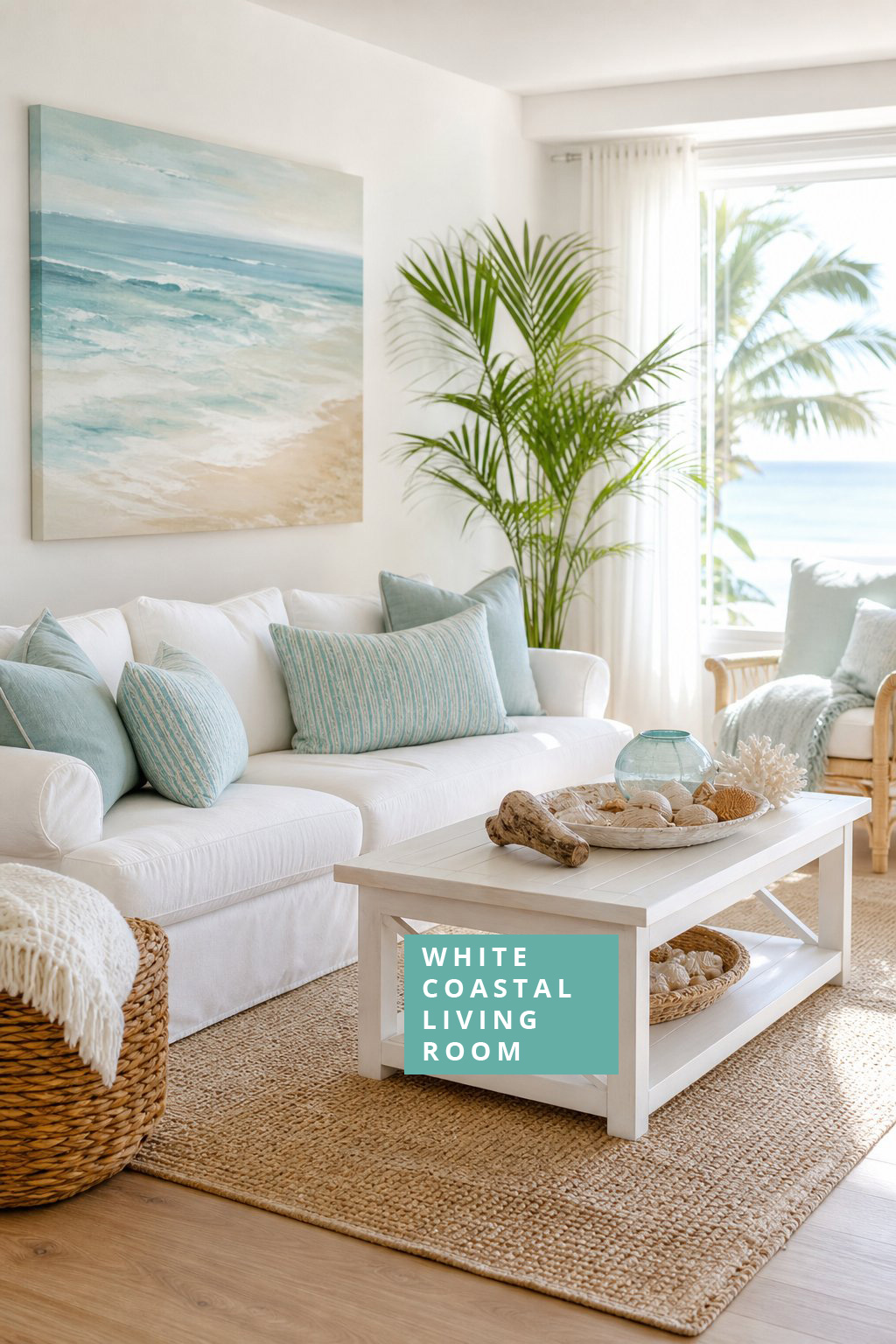 White Coastal Living Room Decor Idea 5 Soft Ocean Wall Art