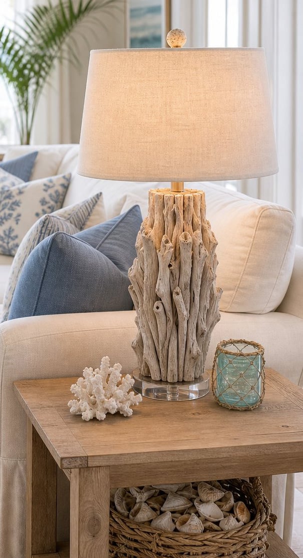 coastal lamp with distressed wood base