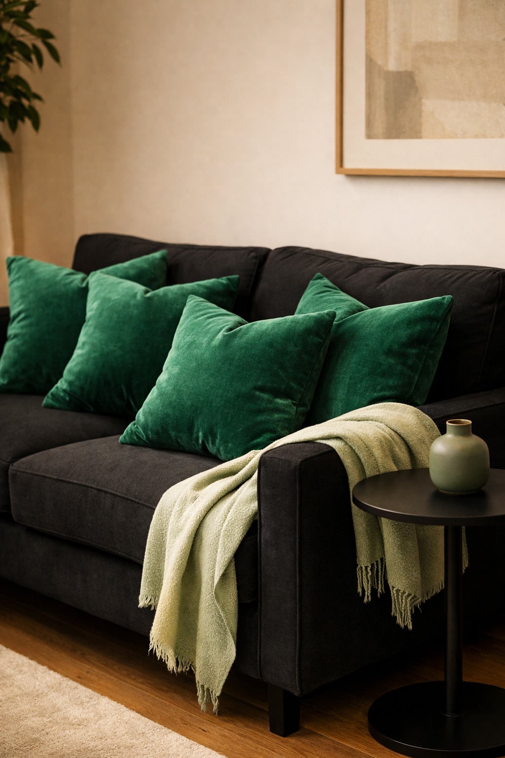 Black and Green Living Room Decor Idea 7 Emerald Pillows