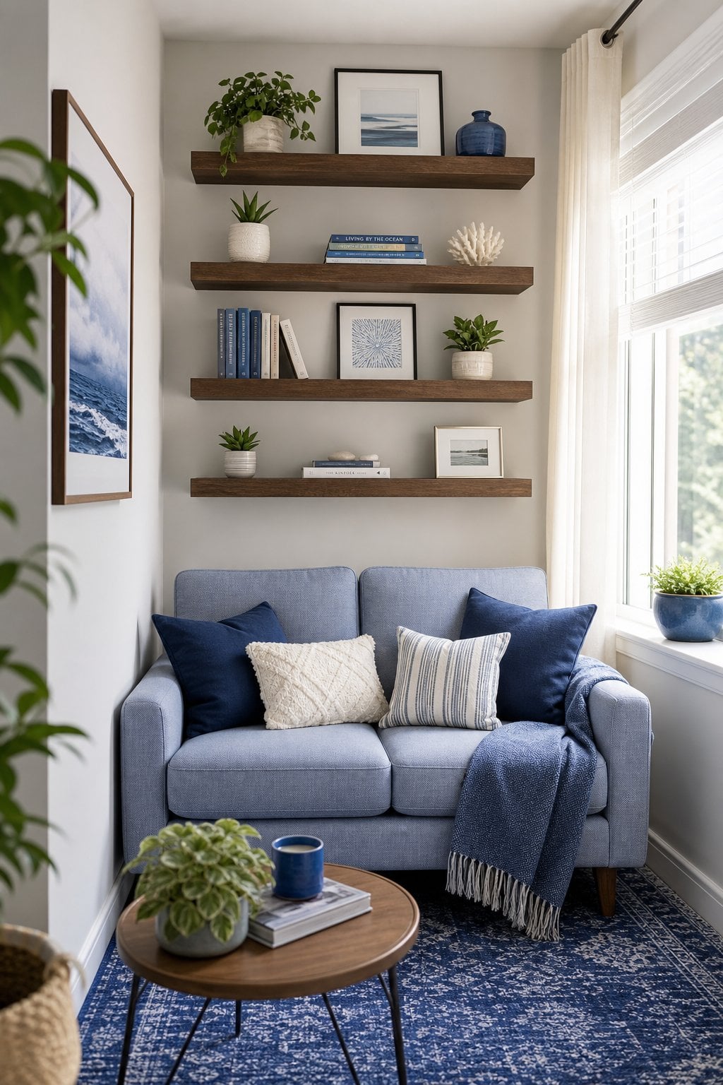 Blue Living Room Decor Idea for Small Spaces 1 Floating Shelves