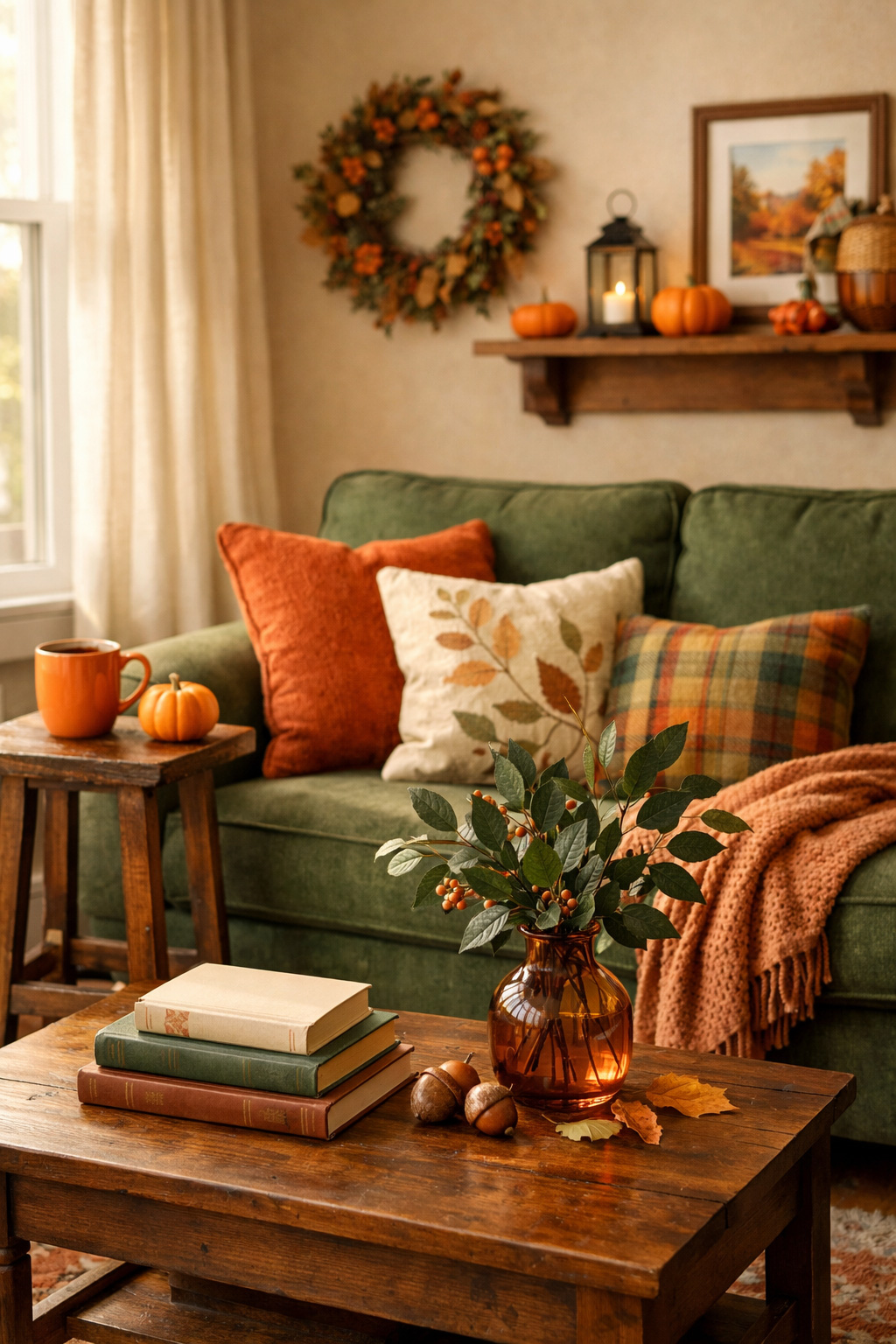 Fall Green Living Room Decor Idea 11 Green and Orange Pairings