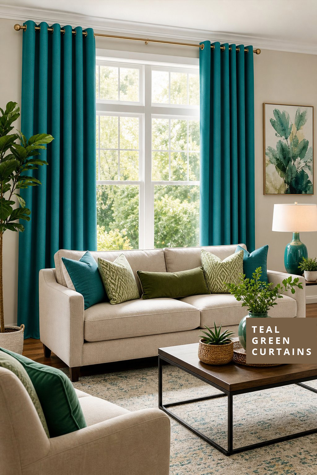 Living Room Idea with Green Curtains 3 Teal