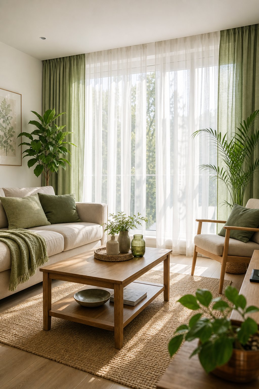 Living Room Idea with Green Curtains 4 Sheer