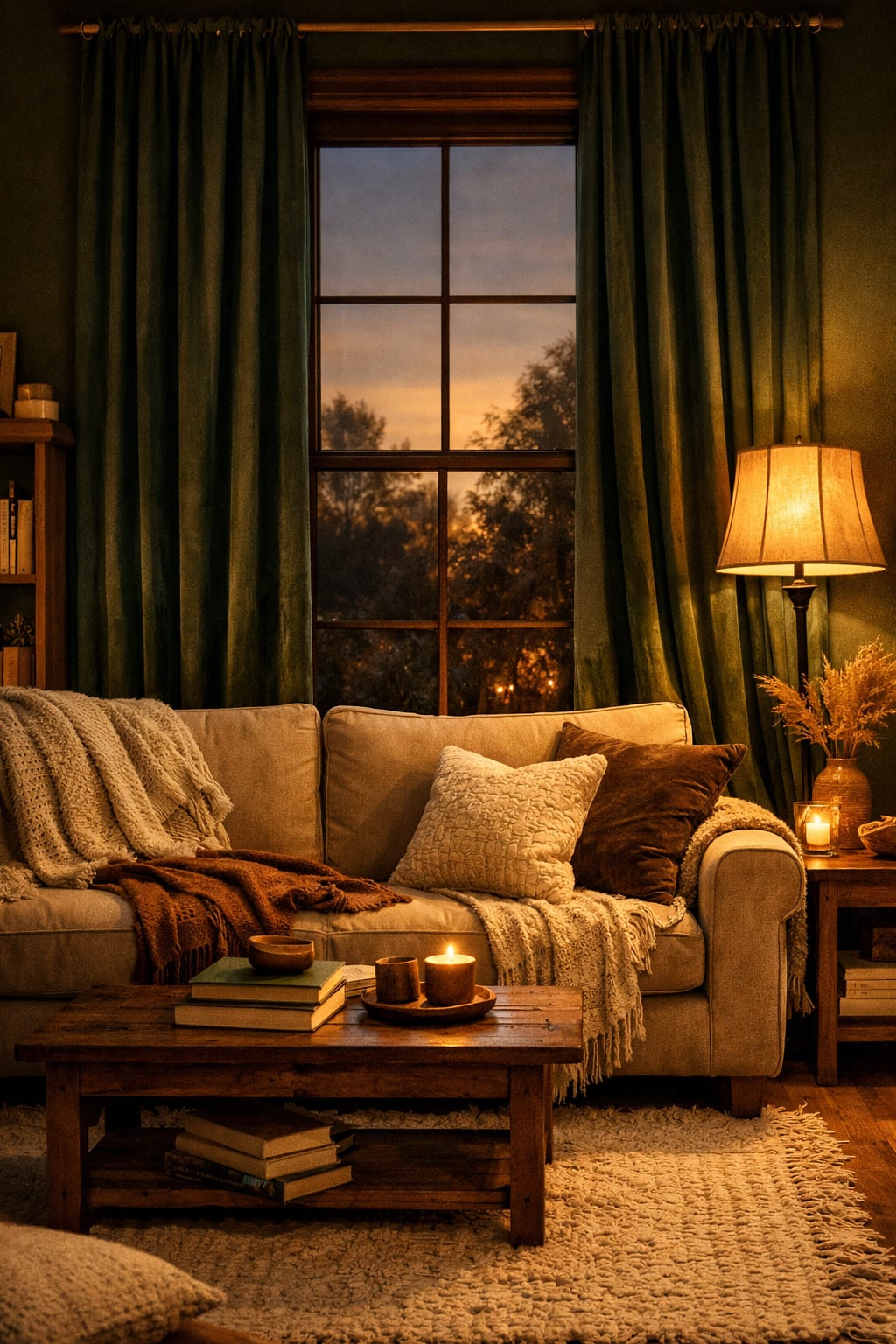 Living Room Idea with Green Curtains 7 Dark