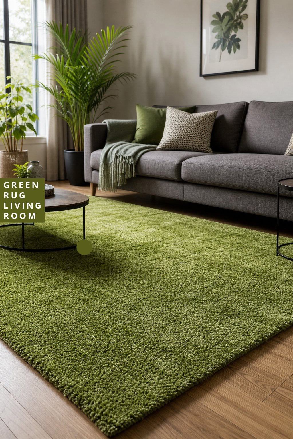 Living Room Idea with a Green Rug 1 Grey Sofa
