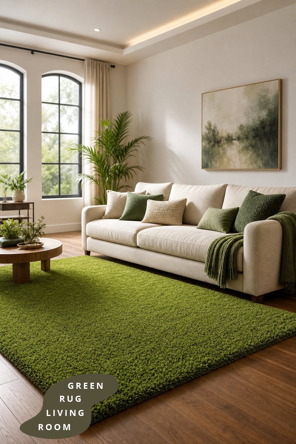 Living Room Idea with a Green Rug 2 Cream Sofa