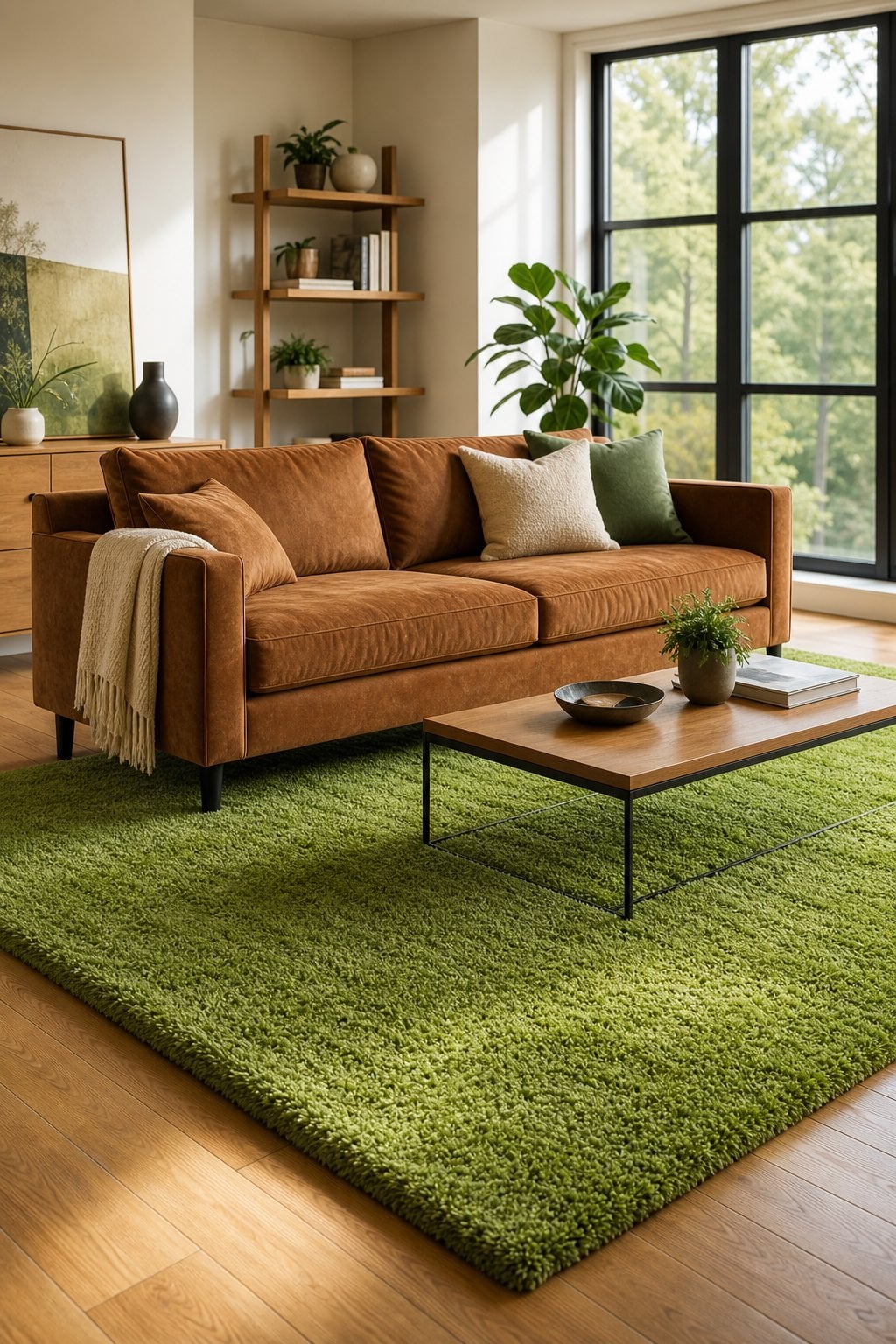 Living Room Idea with a Green Rug 3 Brown Couch