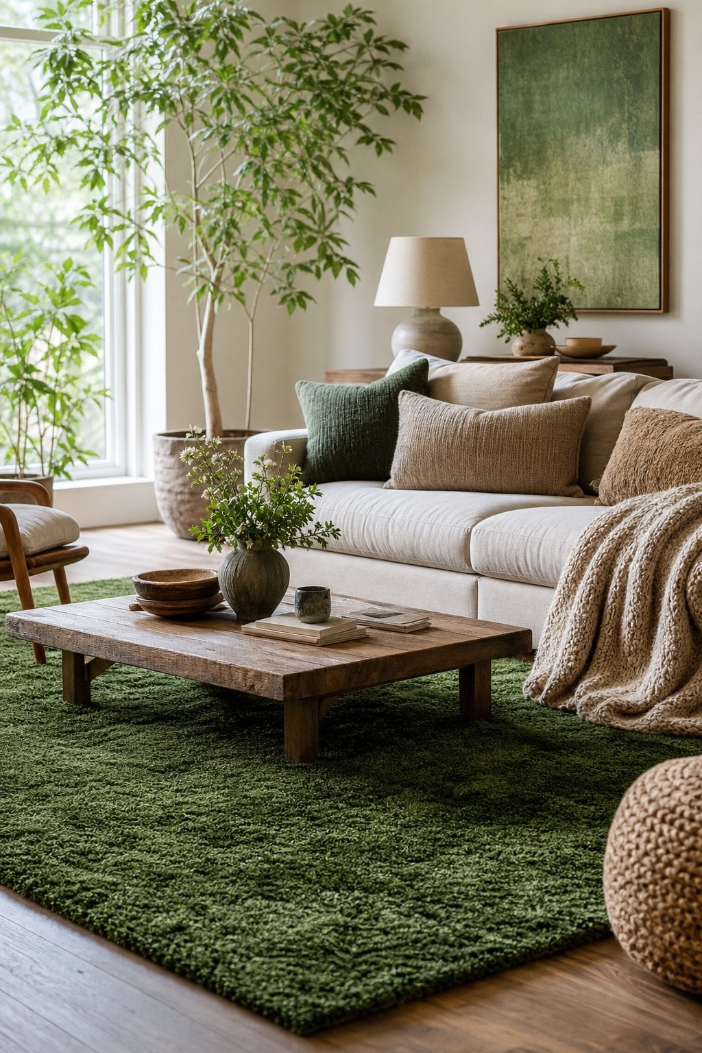 Living Room Idea with a Green Rug 5 Layered Textures