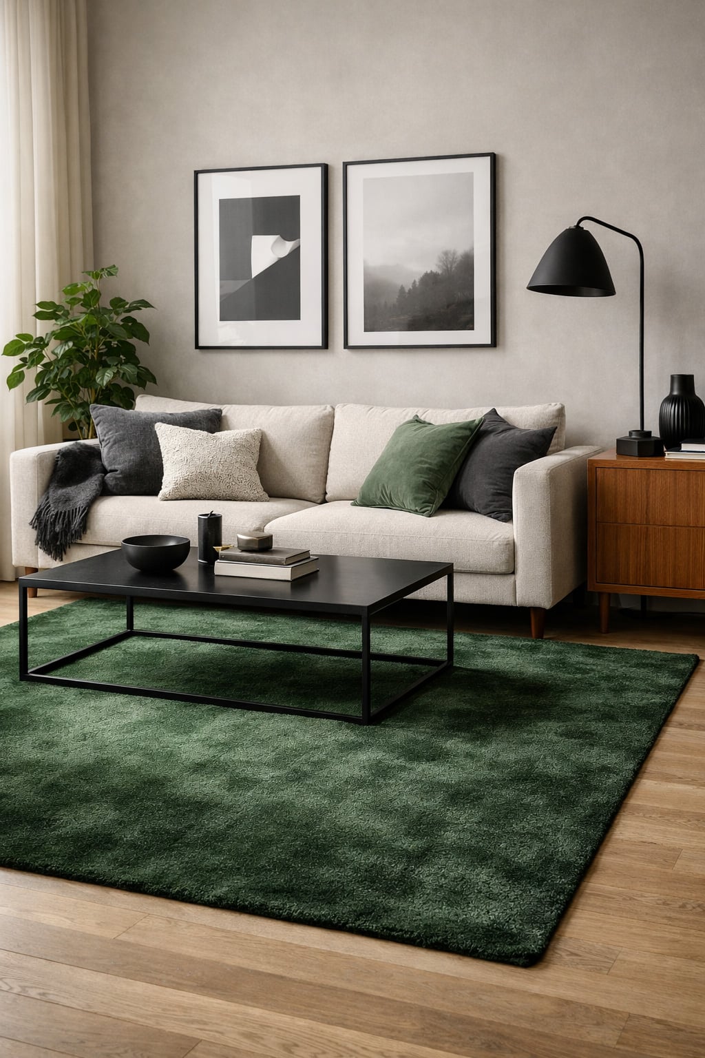 Living Room Idea with a Green Rug 8 High Contrast Black Decor