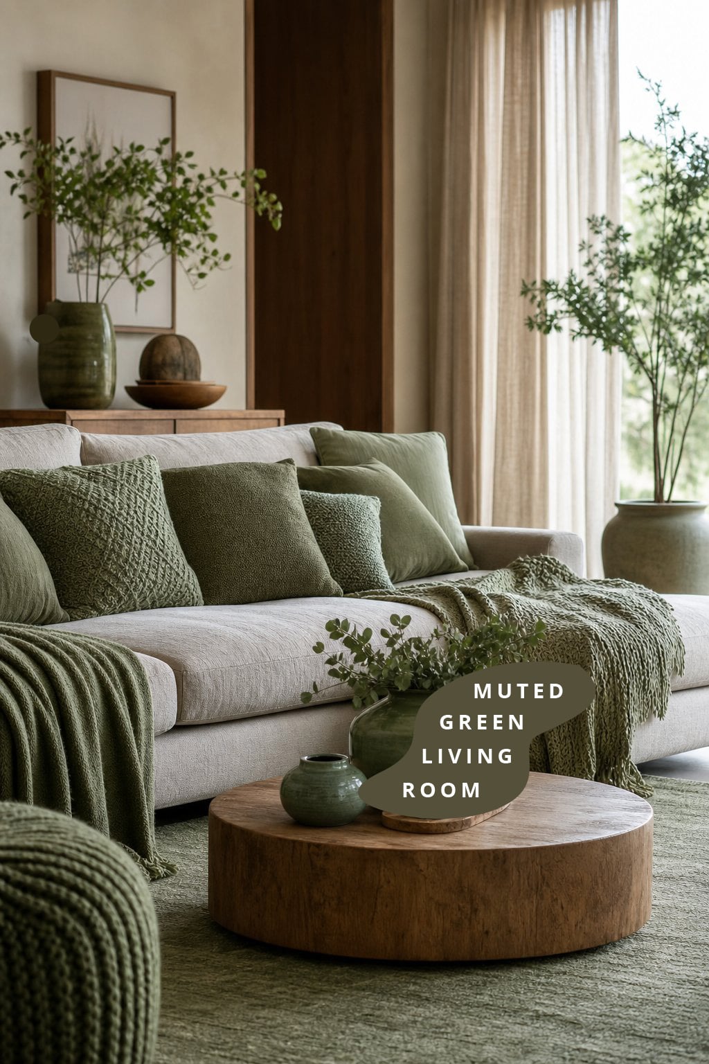 Muted Green Living Room Decor Idea 3 Layered Textiles