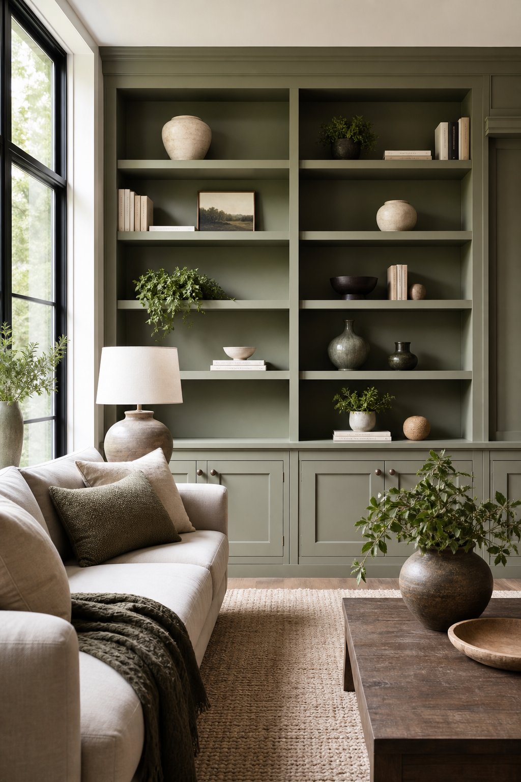 Muted Green Living Room Decor Idea 5 Built Ins