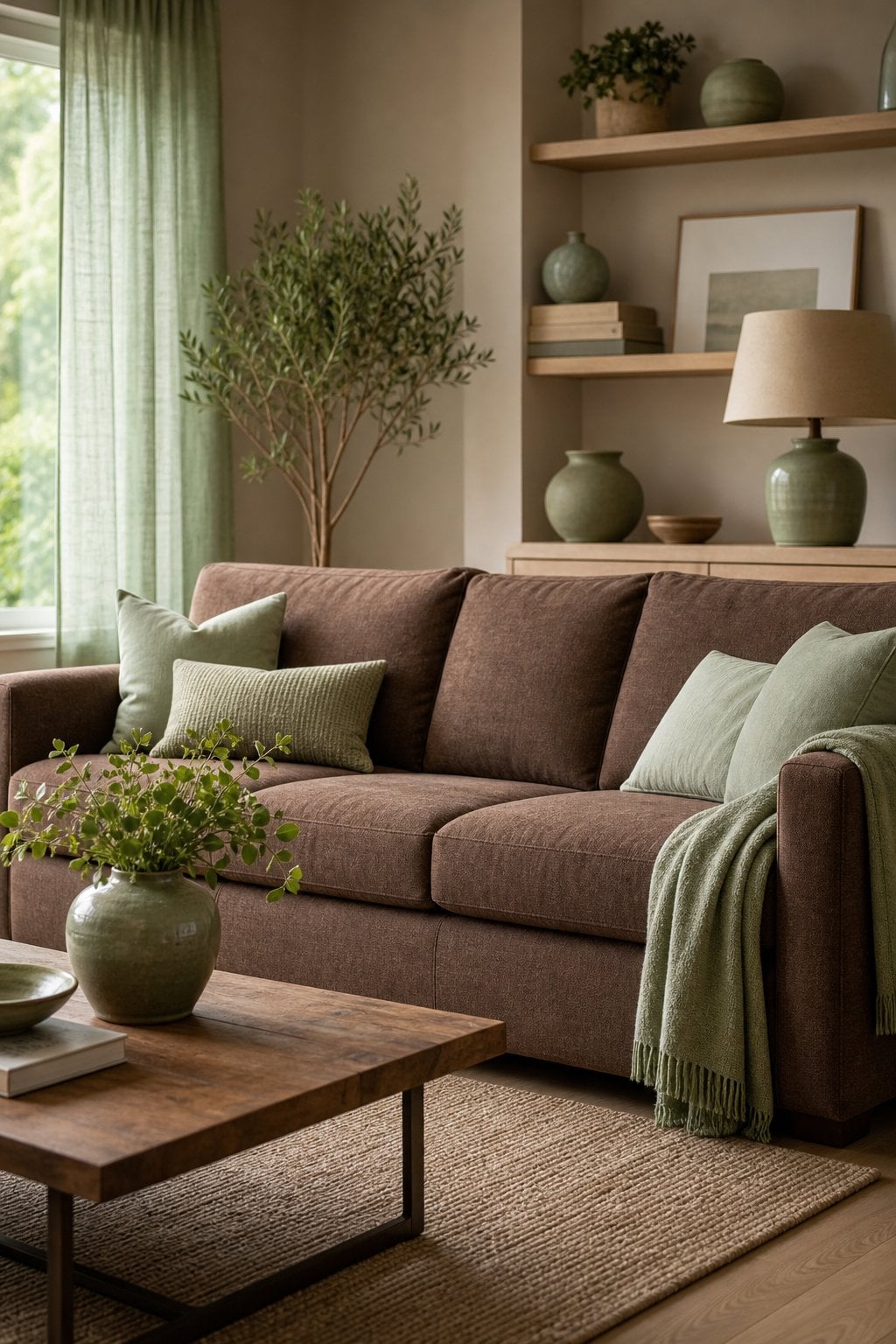 Pale Green Living Room Decor Idea 2 Brown Sofa