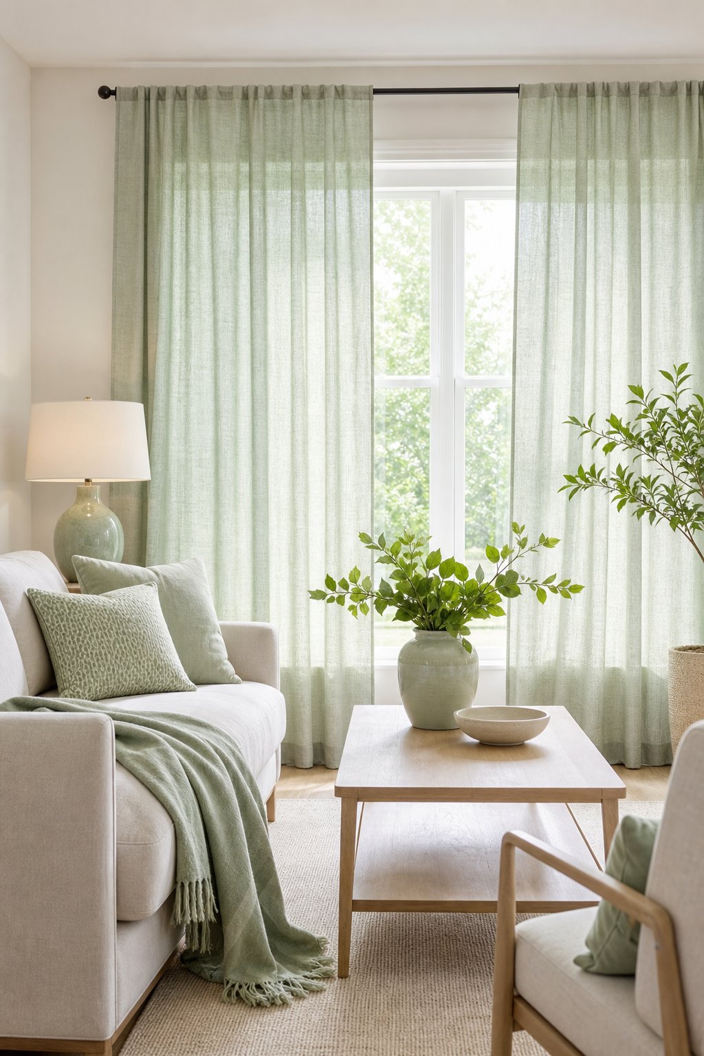 Pale Green Living Room Decor Idea 4 Soft Linen Curtains