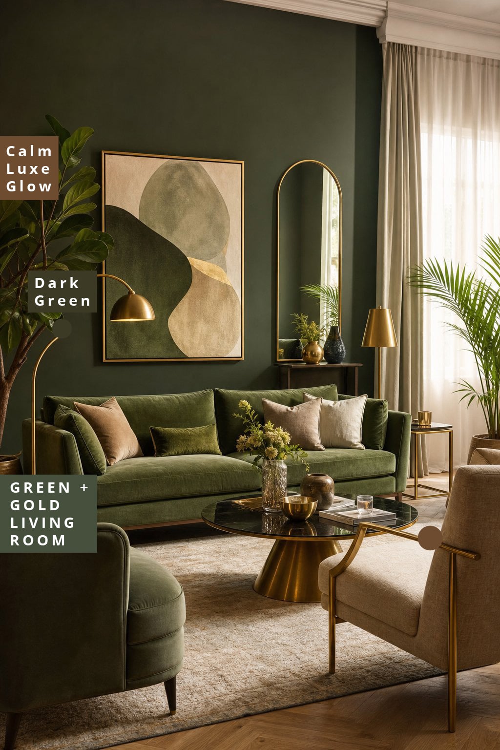 1 Dark Green Living Room with Gold Accents