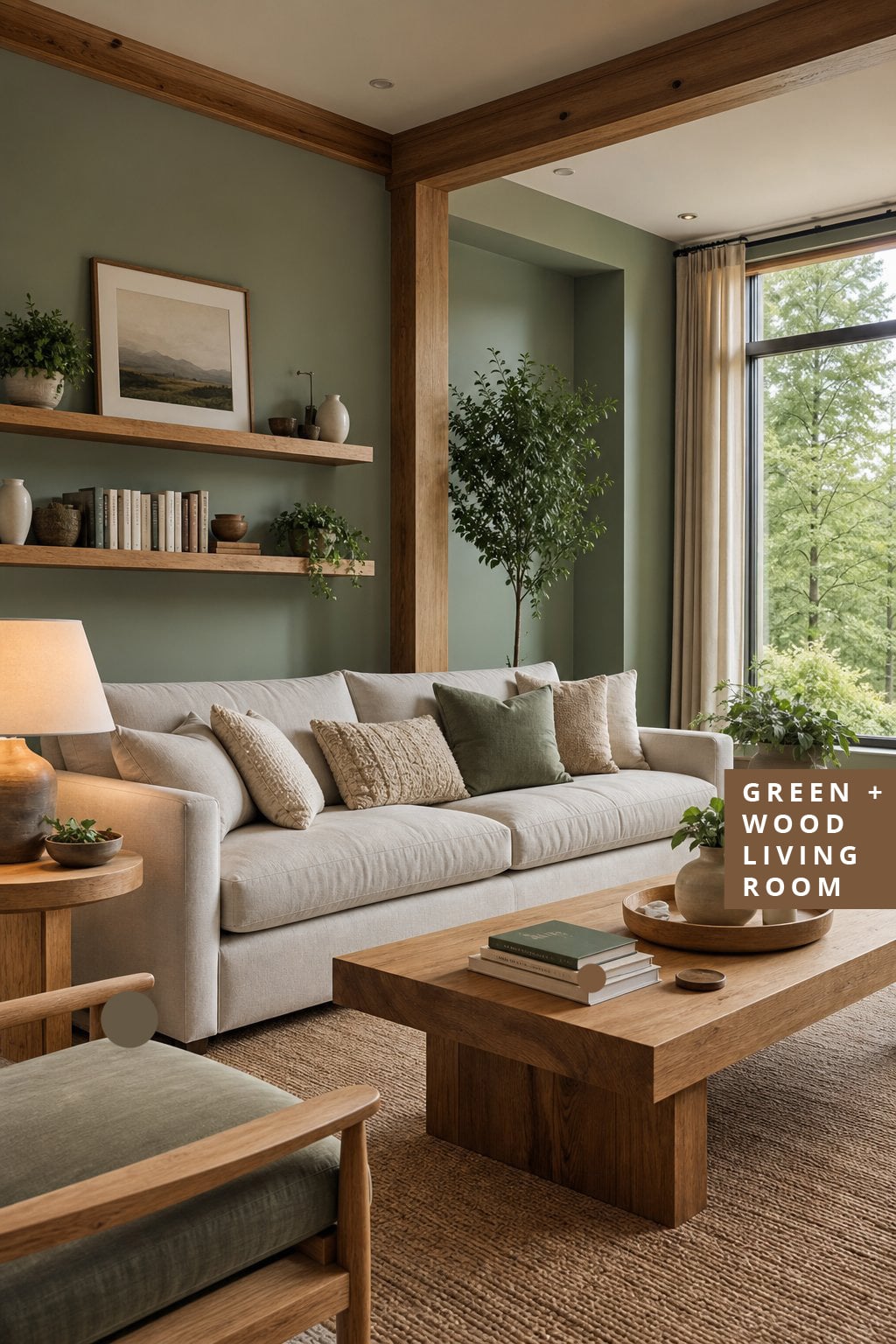 1 Sage Green Living Room Decor with Warm Wood Details