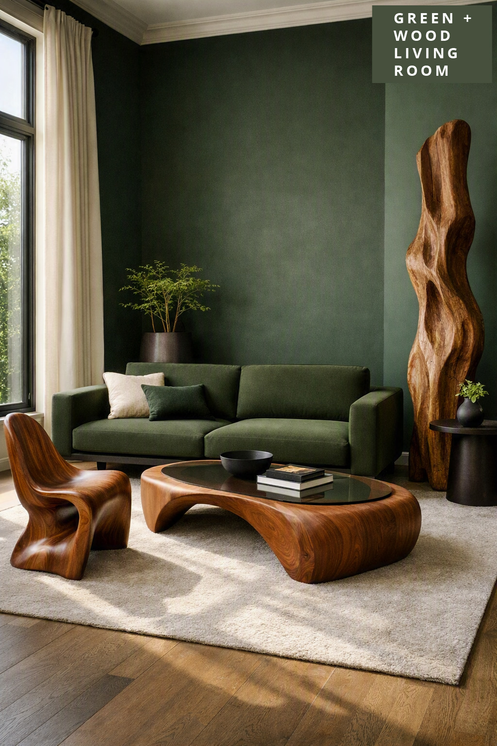 10 Modern Green Living Room with Sculptural Wood Elements