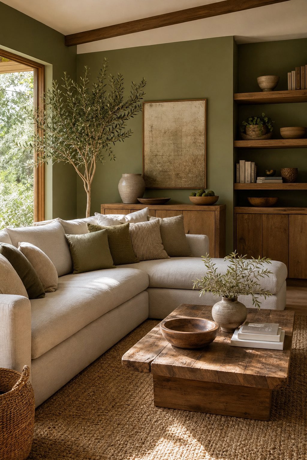 2 Olive Green Space with Rustic Wood Accents