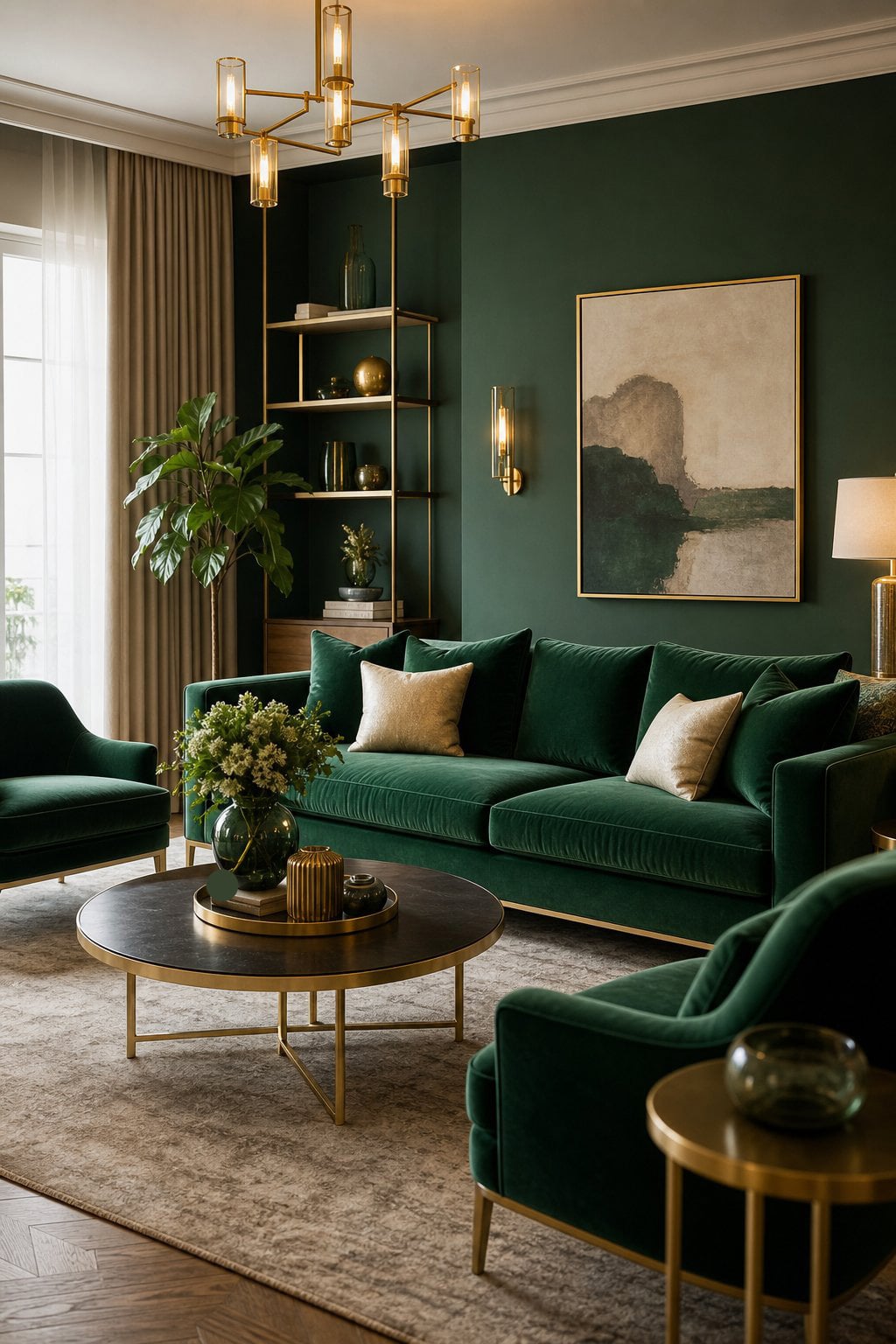 3 Emerald Green with Gold Accents Living Room