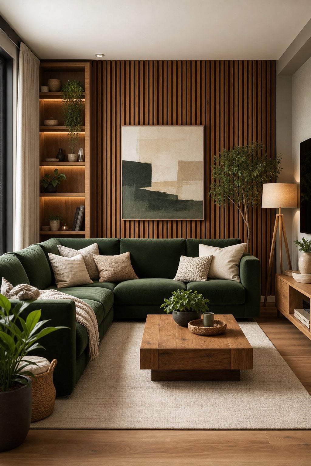 5 Green Couch with Modern Wood Accents Living Room