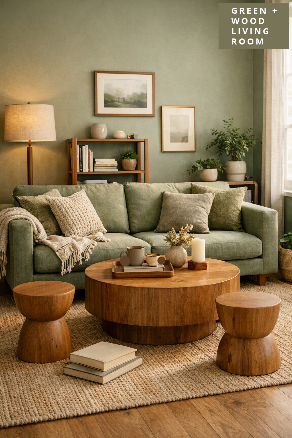 7 Layered Green Living Room Decor with Soft Earthy Wood Tones