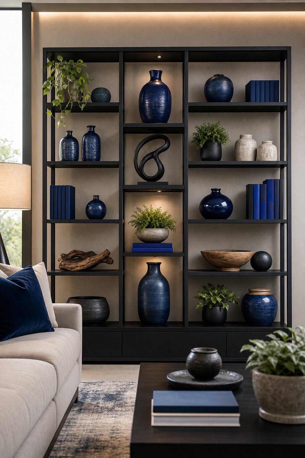 Black and Blue Living Room Decor Idea 1 Modern Shelving