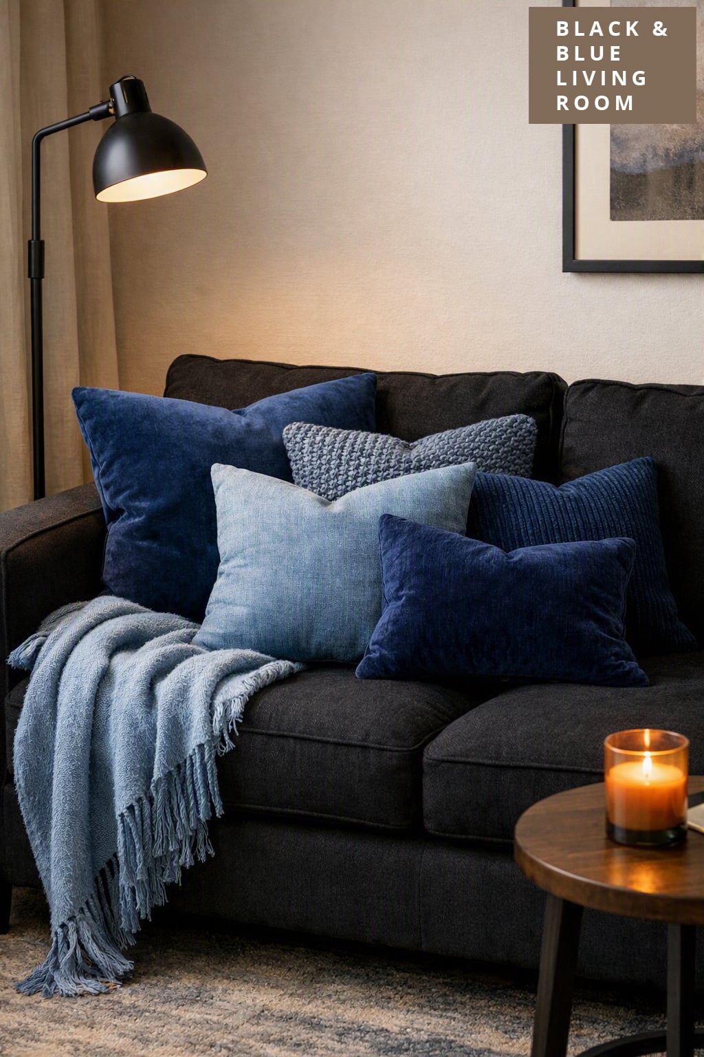 Black and Blue Living Room Decor Idea 11 Throw Pillows