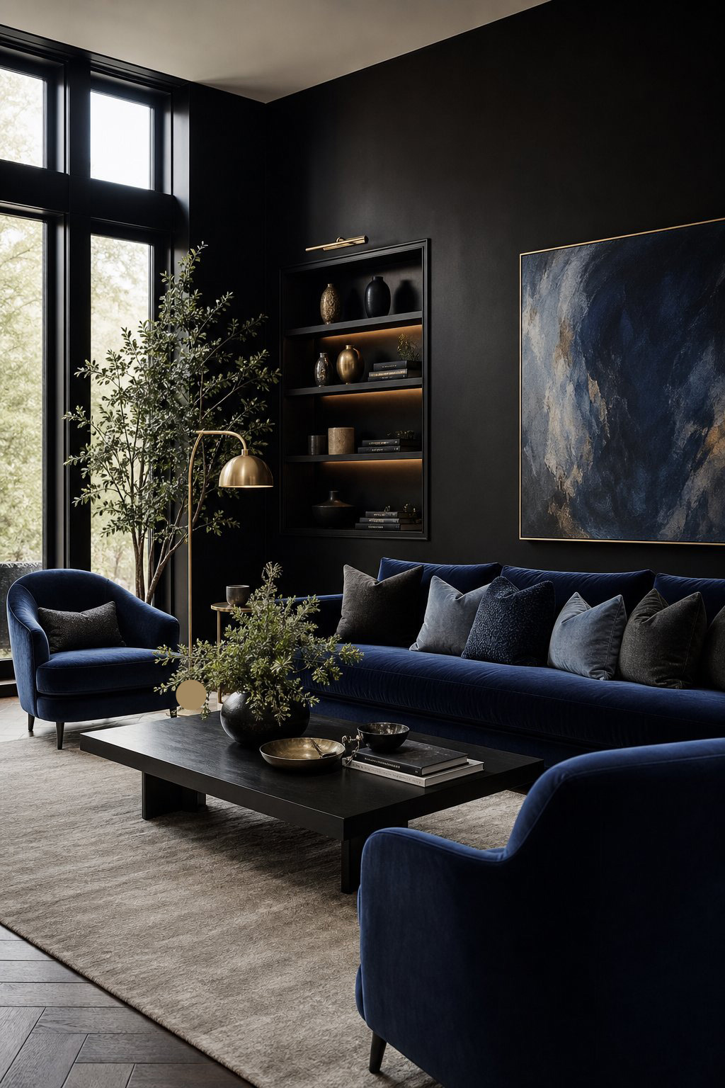 Black and Blue Living Room Decor Idea 2 Black Walls