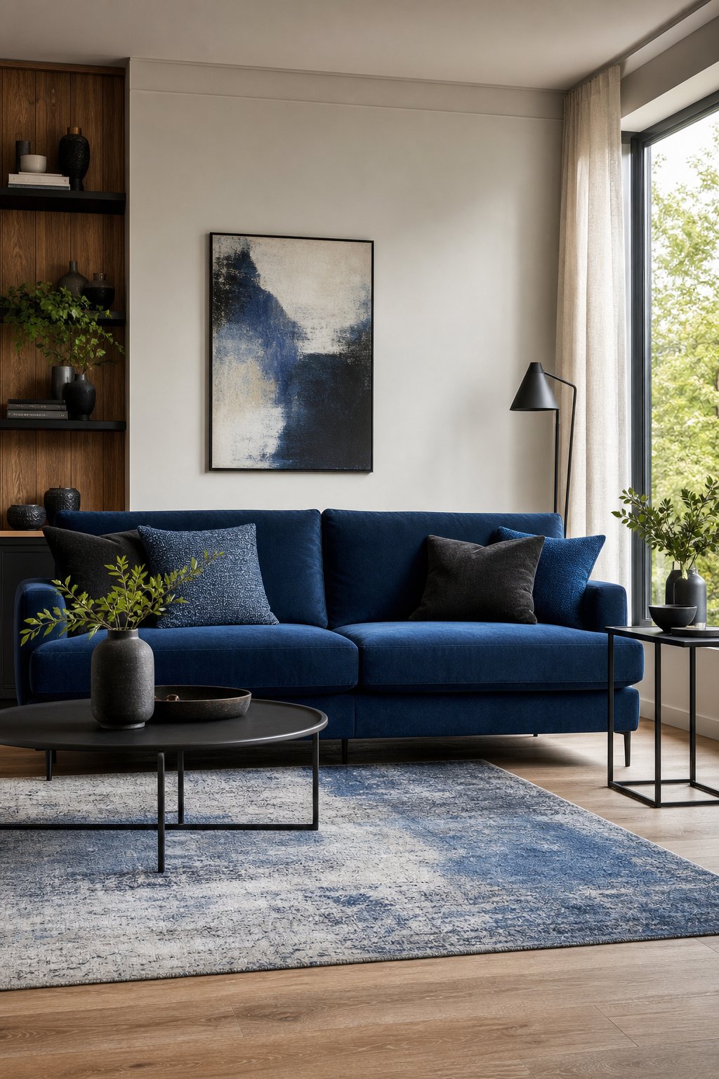 Black and Blue Living Room Decor Idea 3 Blue Sofa Metal Details