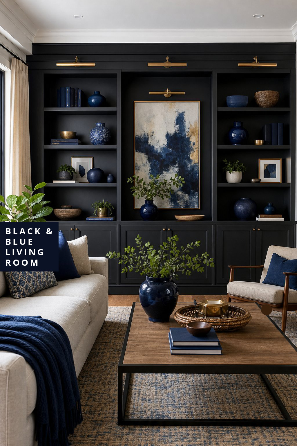 Black and Blue Living Room Decor Idea 4 Black Built Ins