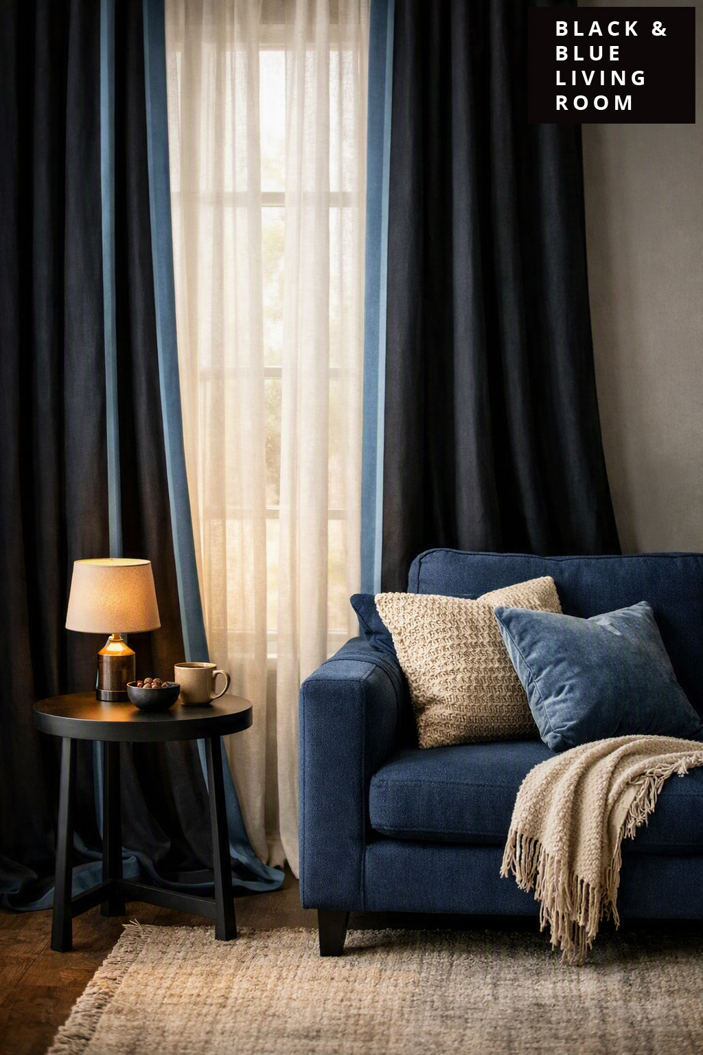 Black and Blue Living Room Decor Idea 6 Black Curtains with Blue Trim