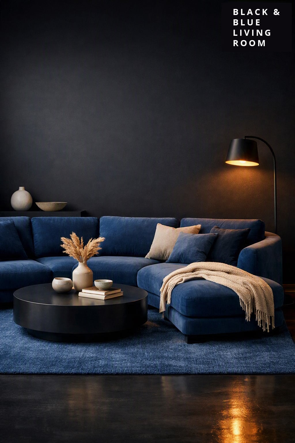 Black and Blue Living Room Decor Idea 8 Black Accent Wall Blue Sectional