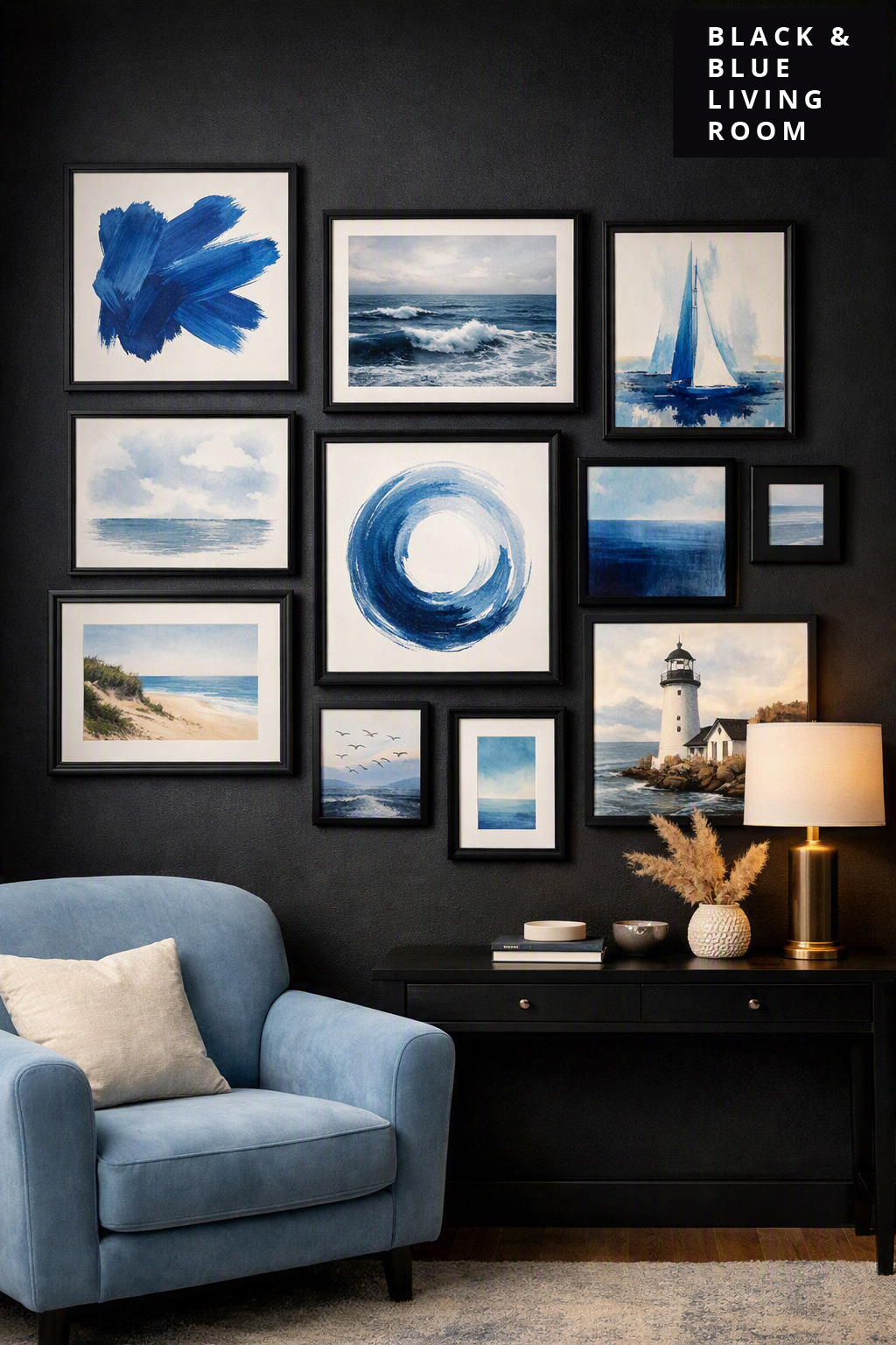 Black and Blue Living Room Decor Idea 9 Artwork Gallery Wall