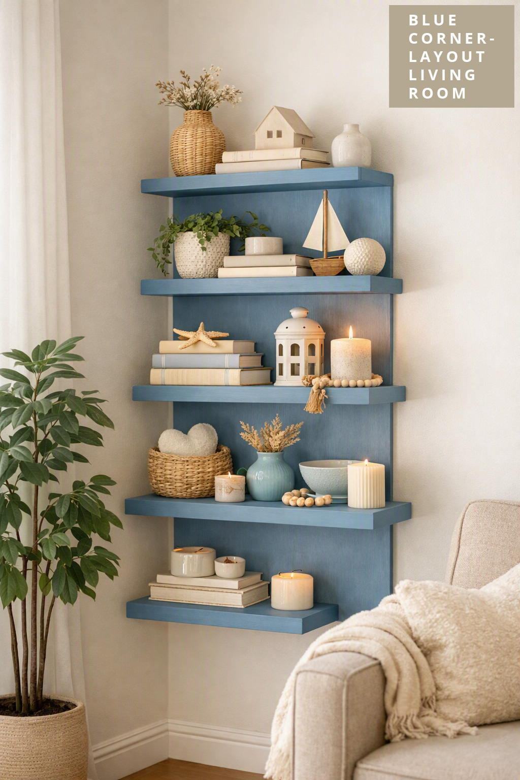 Blue Living Room Decor Idea Corner Layout 10 stacked wall shelves