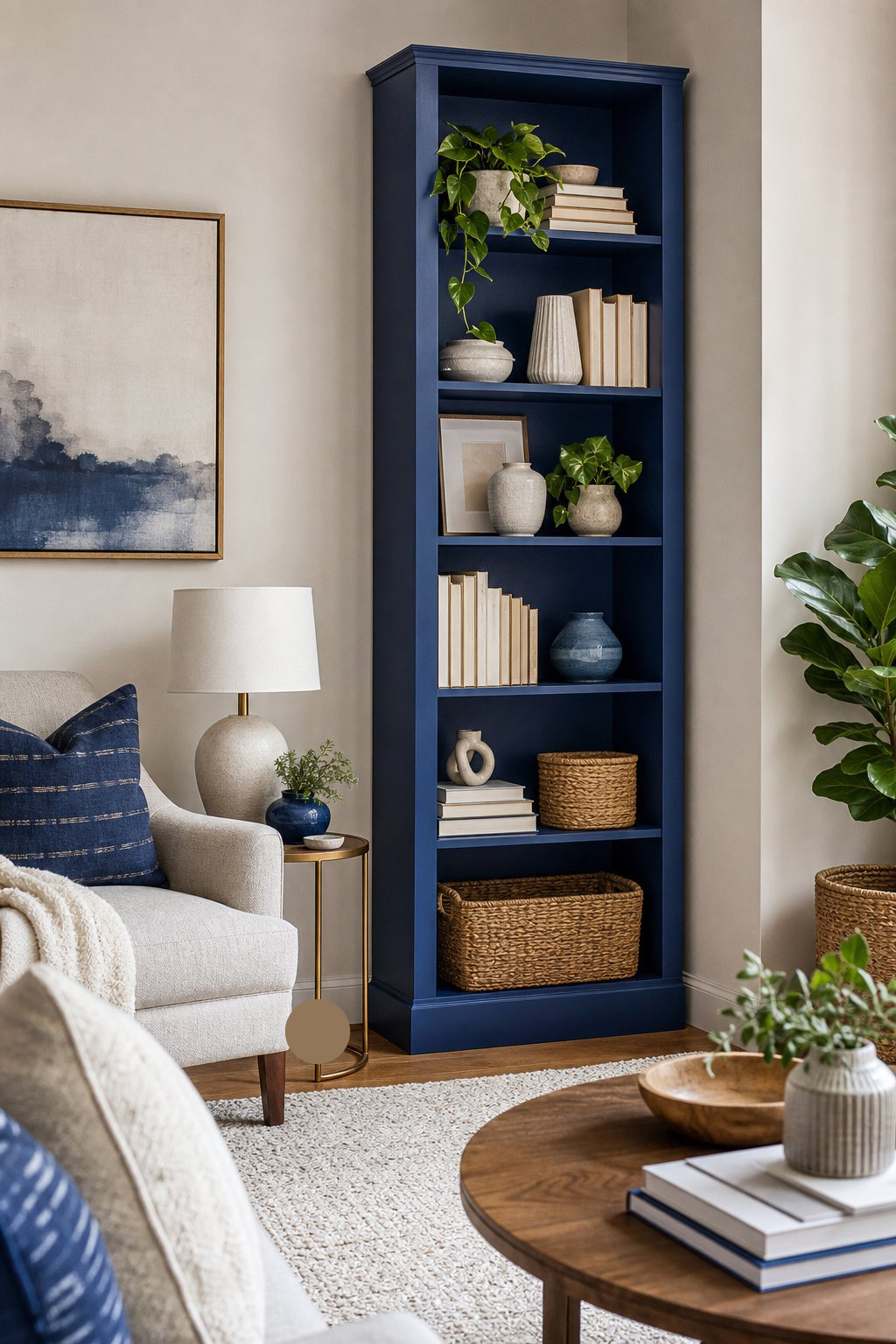 Blue Living Room Decor Idea Corner Layout 3 tall bookshelf