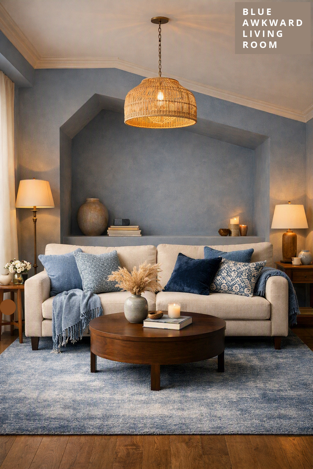 Blue Living Room Idea Awkward Layout 10 Sofa pulled forward