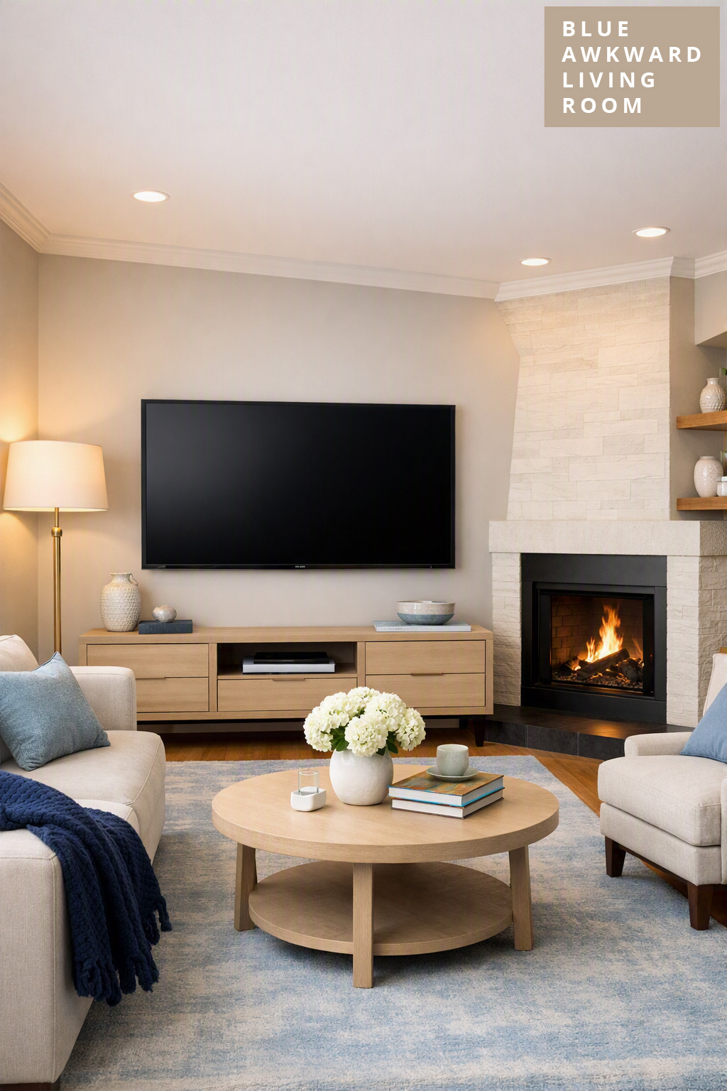 Blue Living Room Idea Awkward Layout 5 TV Setup