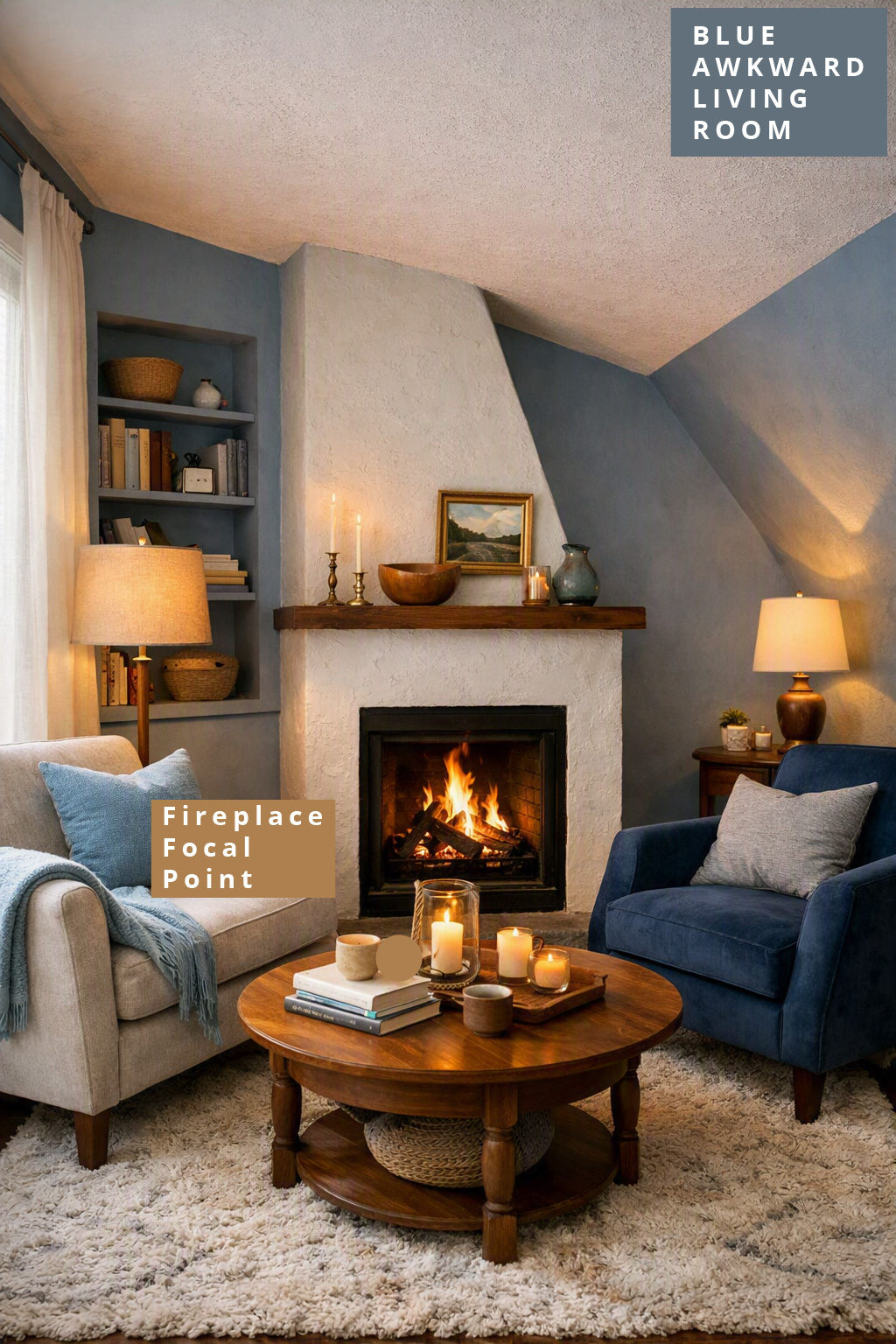 Blue Living Room Idea Awkward Layout 6 Fireplace Focal Point