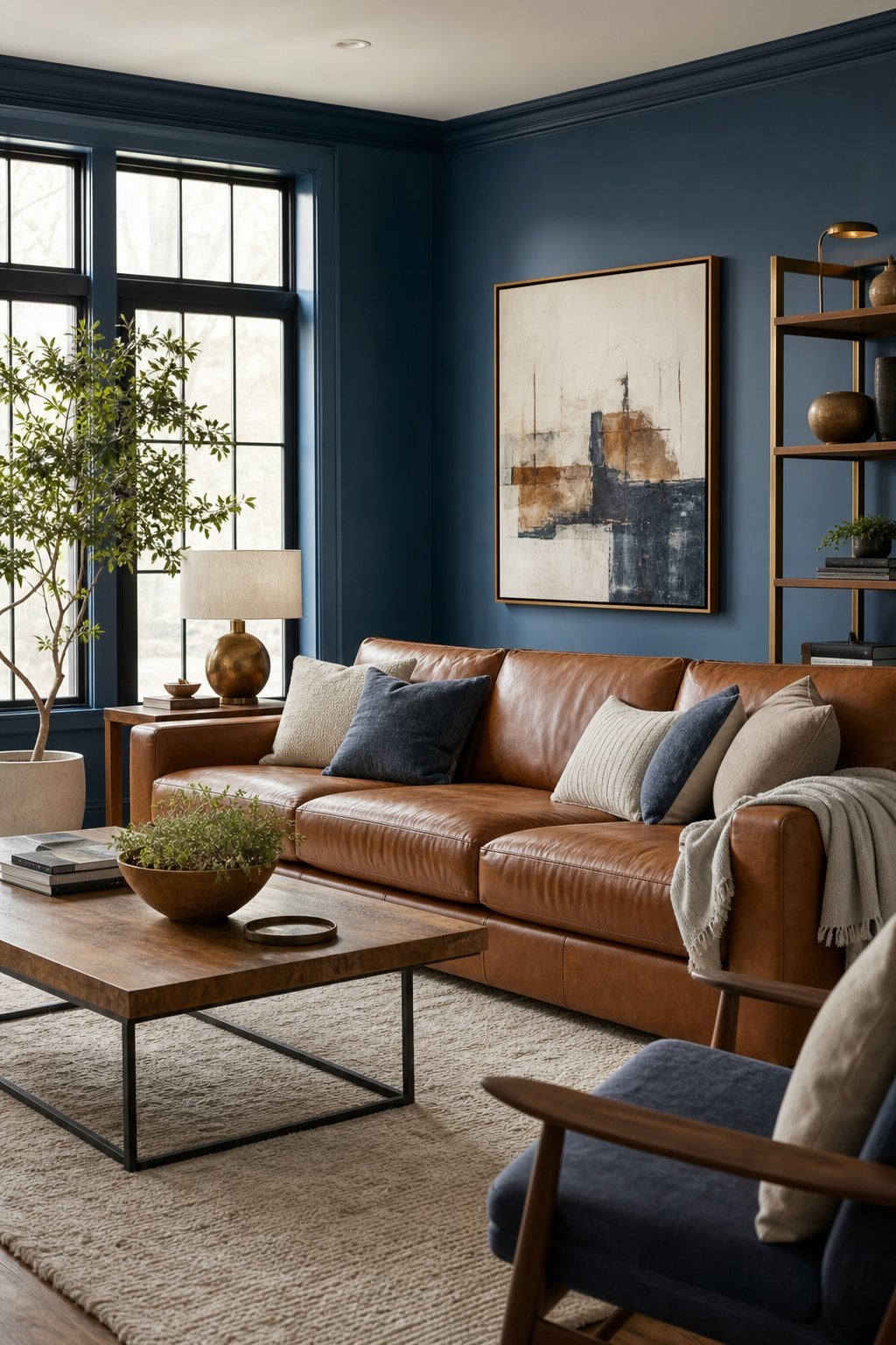 Blue Living Room Idea with a Leather Sofa 1 Blue Walls Cognac Leather