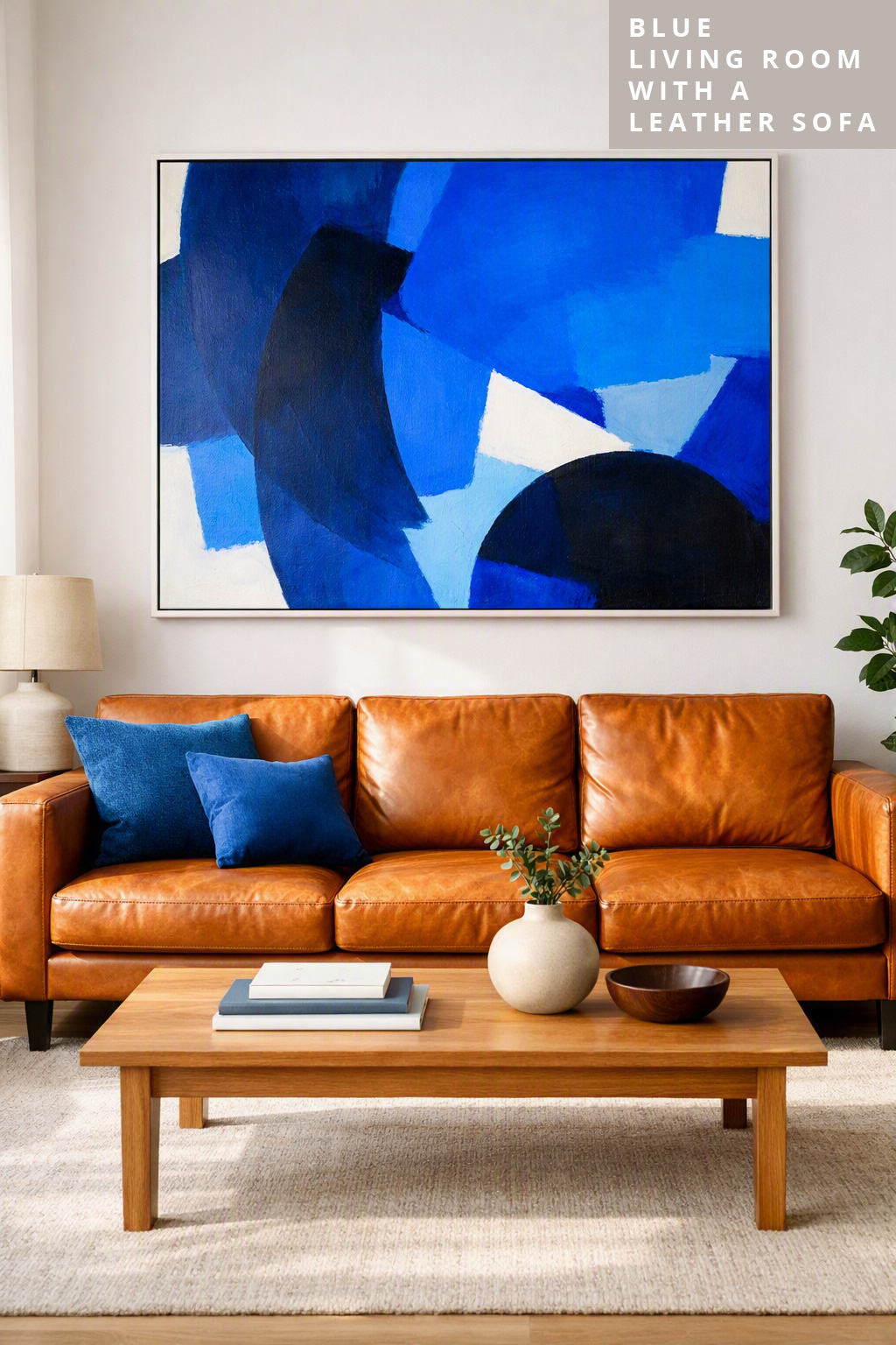 Blue Living Room Idea with a Leather Sofa 10 Bold Artwork