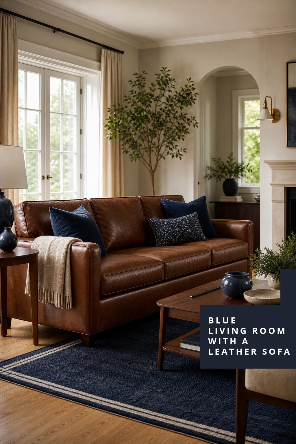Blue Living Room Idea with a Leather Sofa 2 Navy Accents Chestnut Sofa