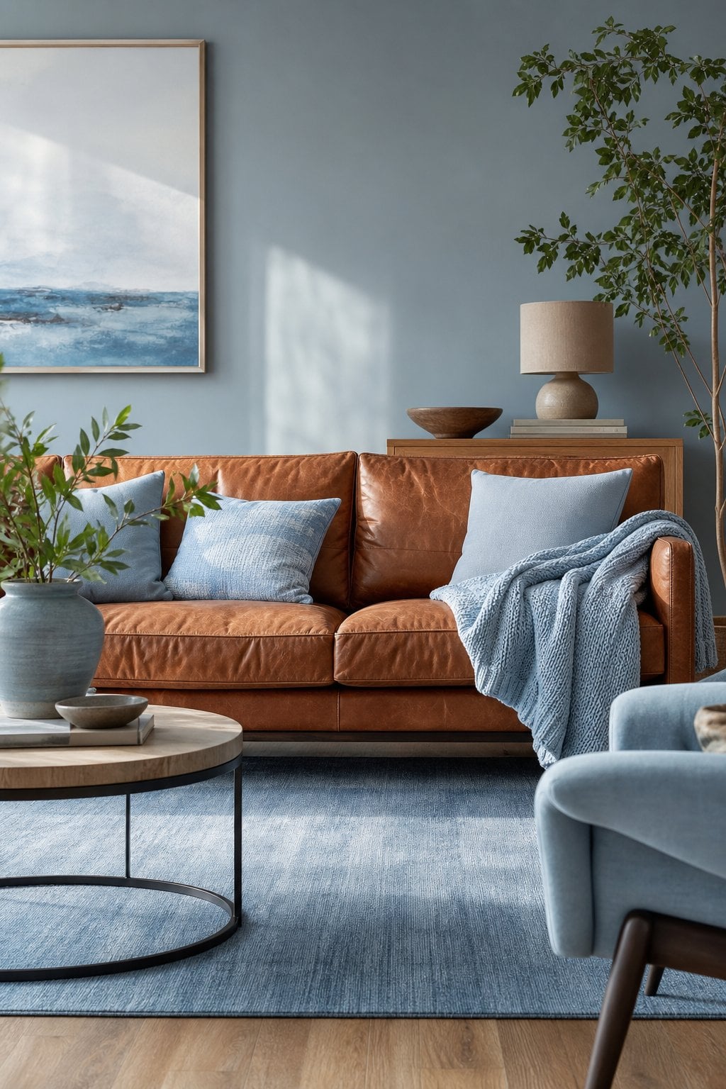 Blue Living Room Idea with a Leather Sofa 3 Soft Blue Textiles Rich Leather Couch