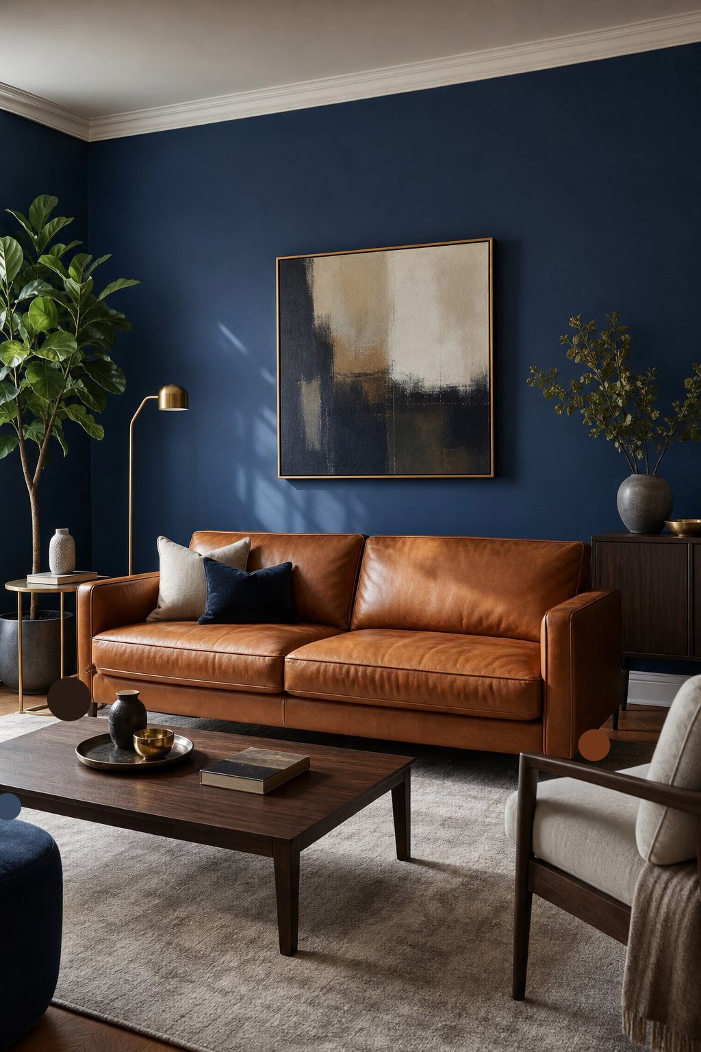 Blue Living Room Idea with a Leather Sofa 5 Deep Blue Paint Caramel Leather Sofa