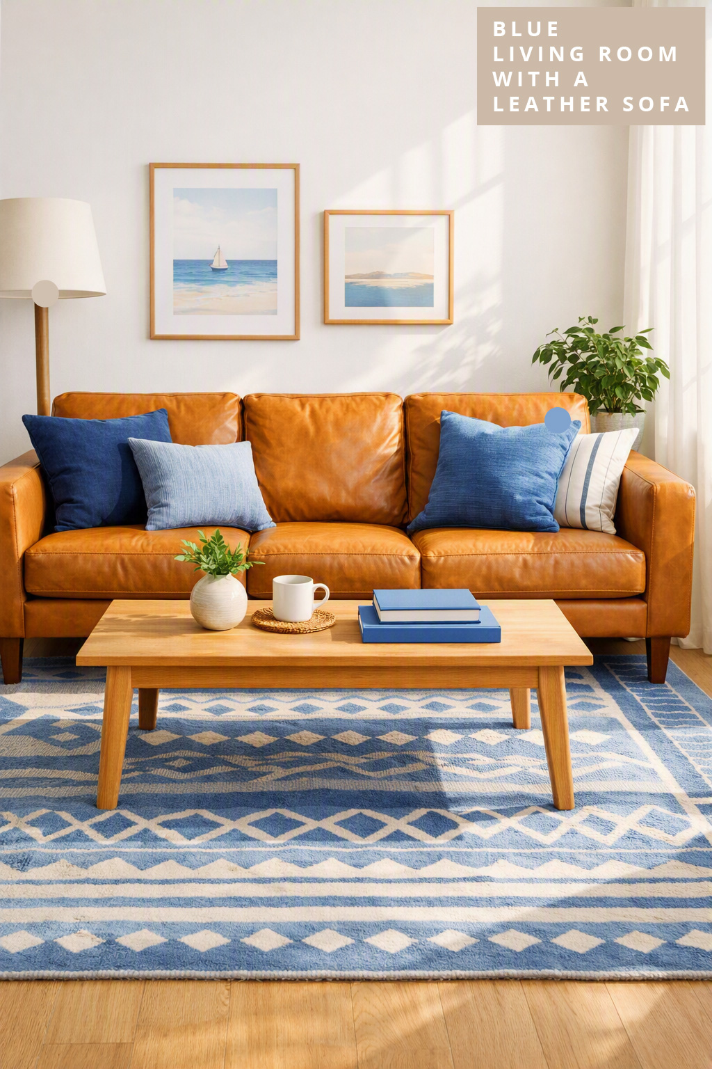 Blue Living Room Idea with a Leather Sofa 8 Blue Patterned Rugs
