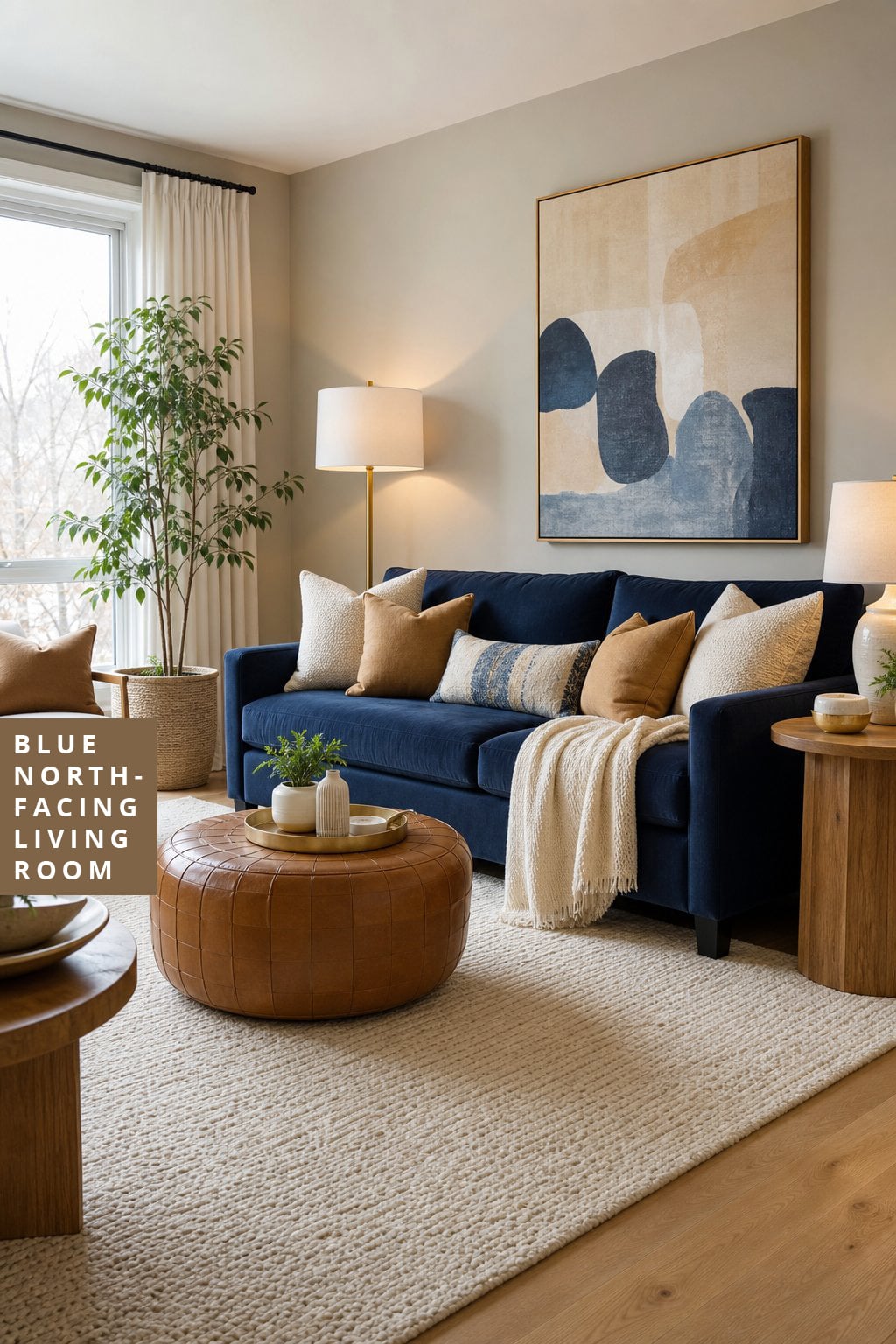 Blue North Facing Living Room Decor Idea 2 Navy Sofa Camel Cream Decor