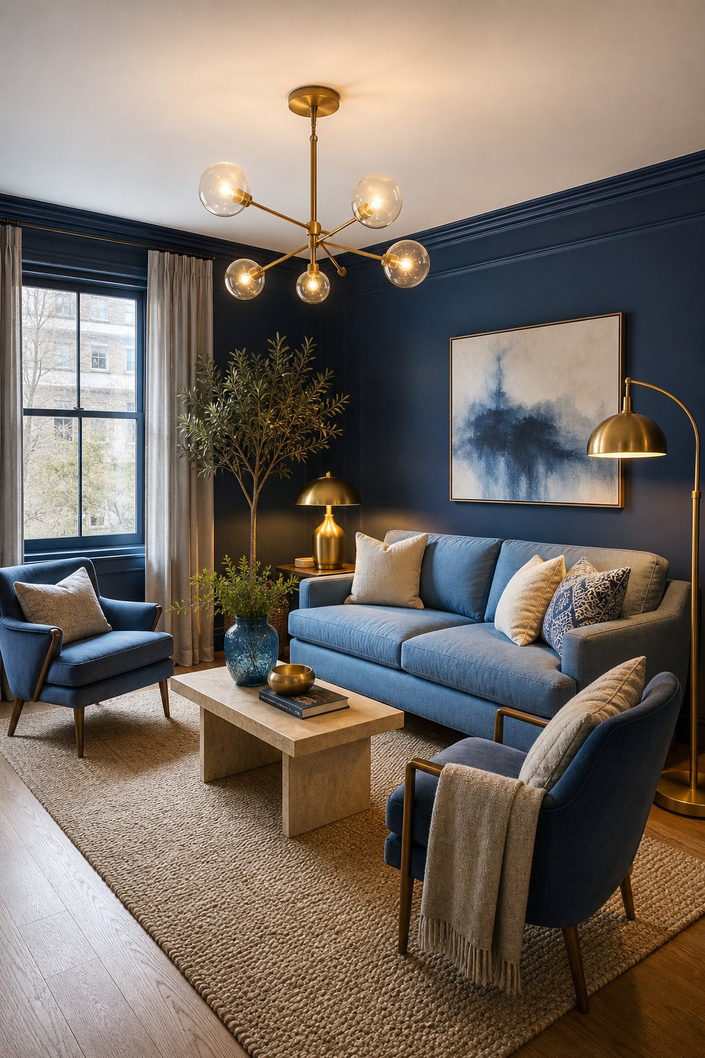 Blue North Facing Living Room Decor Idea 3 Brass Lighting