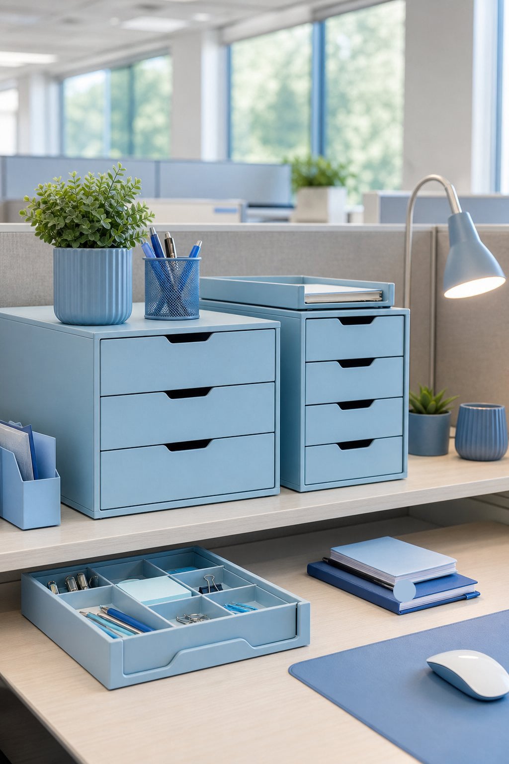 Blue Office Cubicle Decor Idea 2 Light Blue Drawer Organizers
